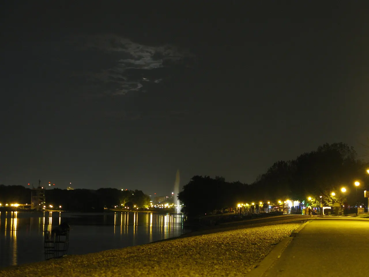 Lake Sava at night with the fountain jet lit white and streetlamps reflecting on the water beside the pebble beach