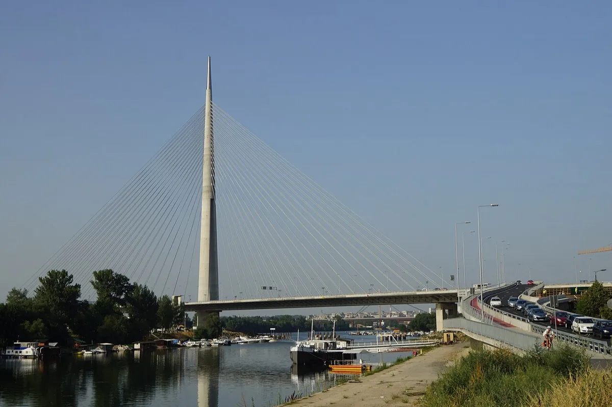 The Ada Bridge over the Sava river in New Belgrade, near the Blok 42 district
