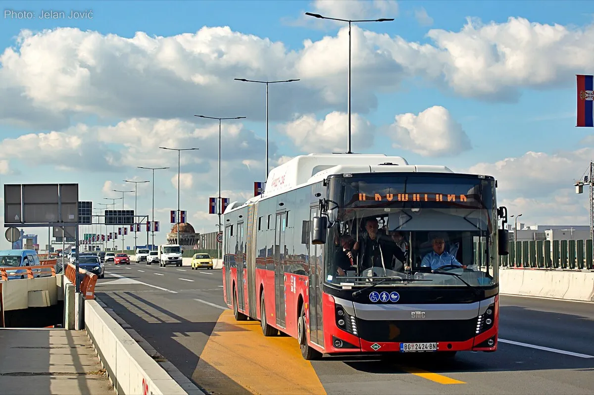 A modern low-floor GSP Beograd city bus of the type used on ordinary free city routes