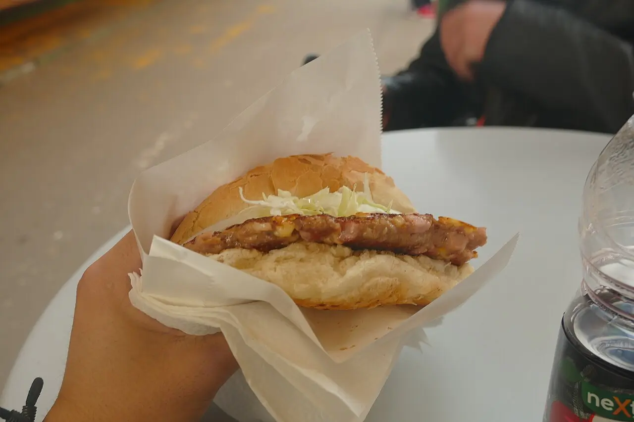 Gurmanska pljeskavica, a stuffed Serbian grilled patty, served with fries and salad