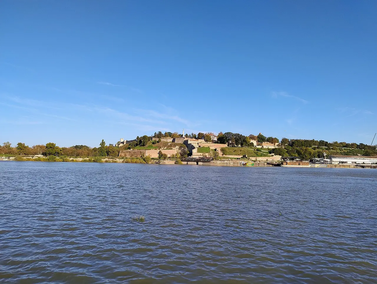 Belgrade Fortress on its bluff above the wide Sava river, seen from the water