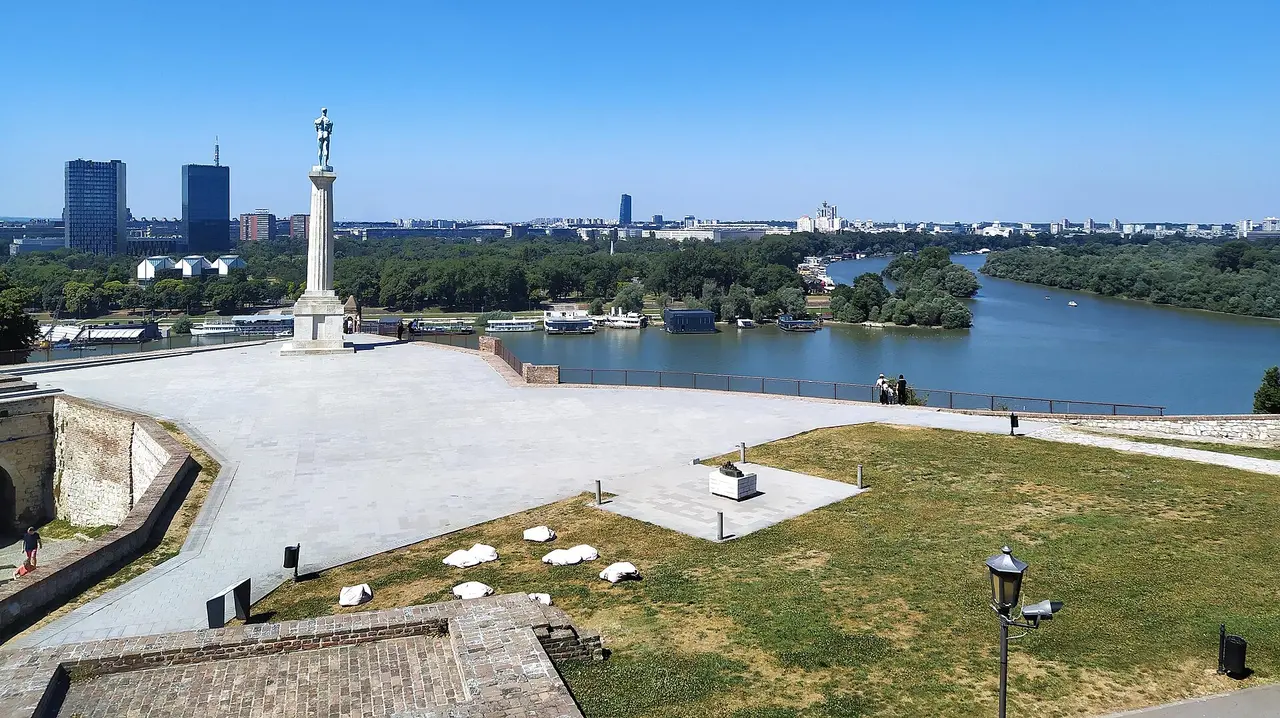 The Sava flowing into the Danube seen from Kalemegdan Park in Belgrade, New Belgrade on the far bank