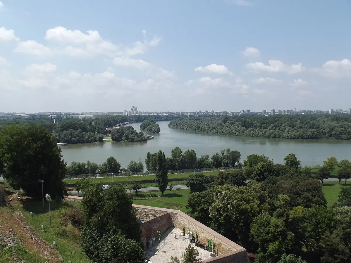 The confluence of the Sava and Danube rivers in Belgrade seen from above the water