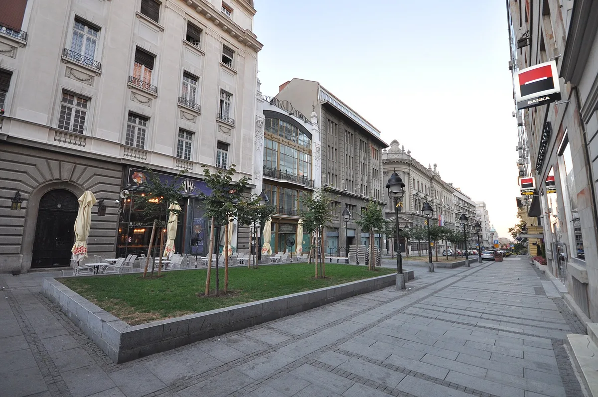 The pedestrianised Knez Mihailova street in central Belgrade, lined with cafe terraces and grand old buildings