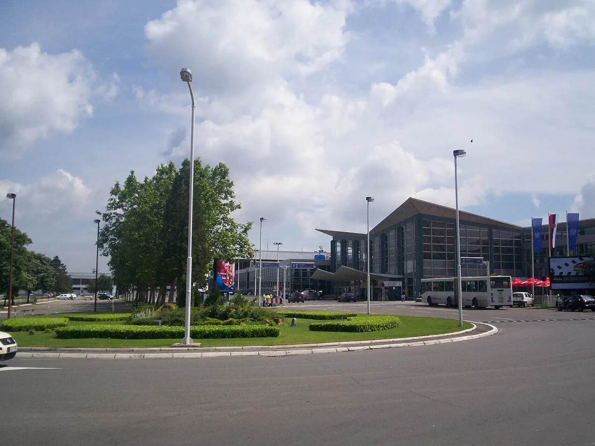 The terminal building of Belgrade Nikola Tesla Airport, where the official taxi voucher desk is