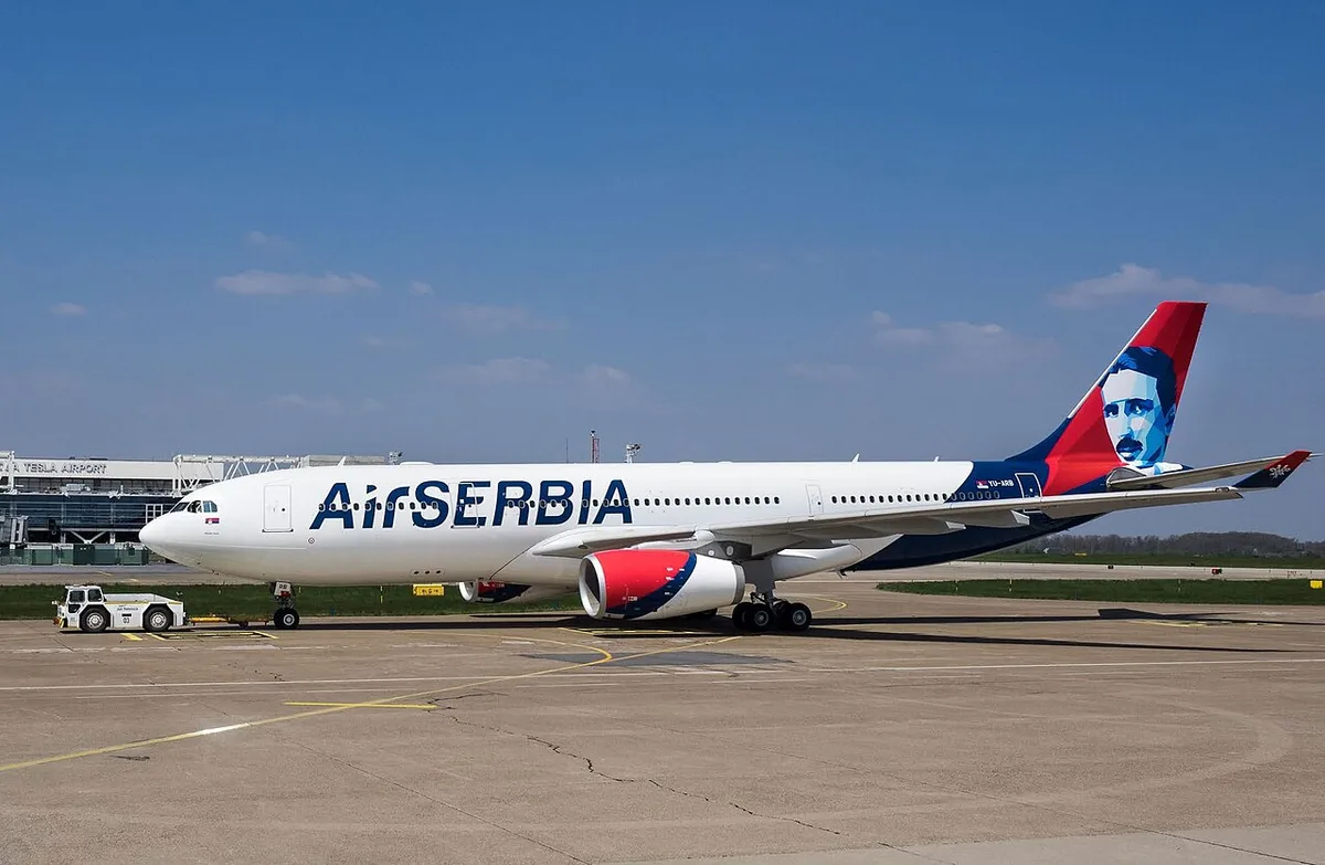 An Air Serbia Airbus A330 in the special Nikola Tesla livery, the airline that flies Belgrade to Budapest