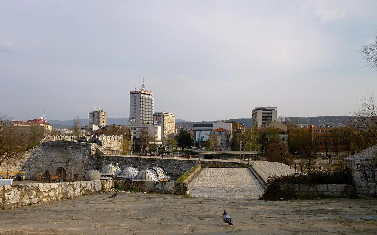 The skyline of central Niš seen from the fortress, with the ramparts in the foreground