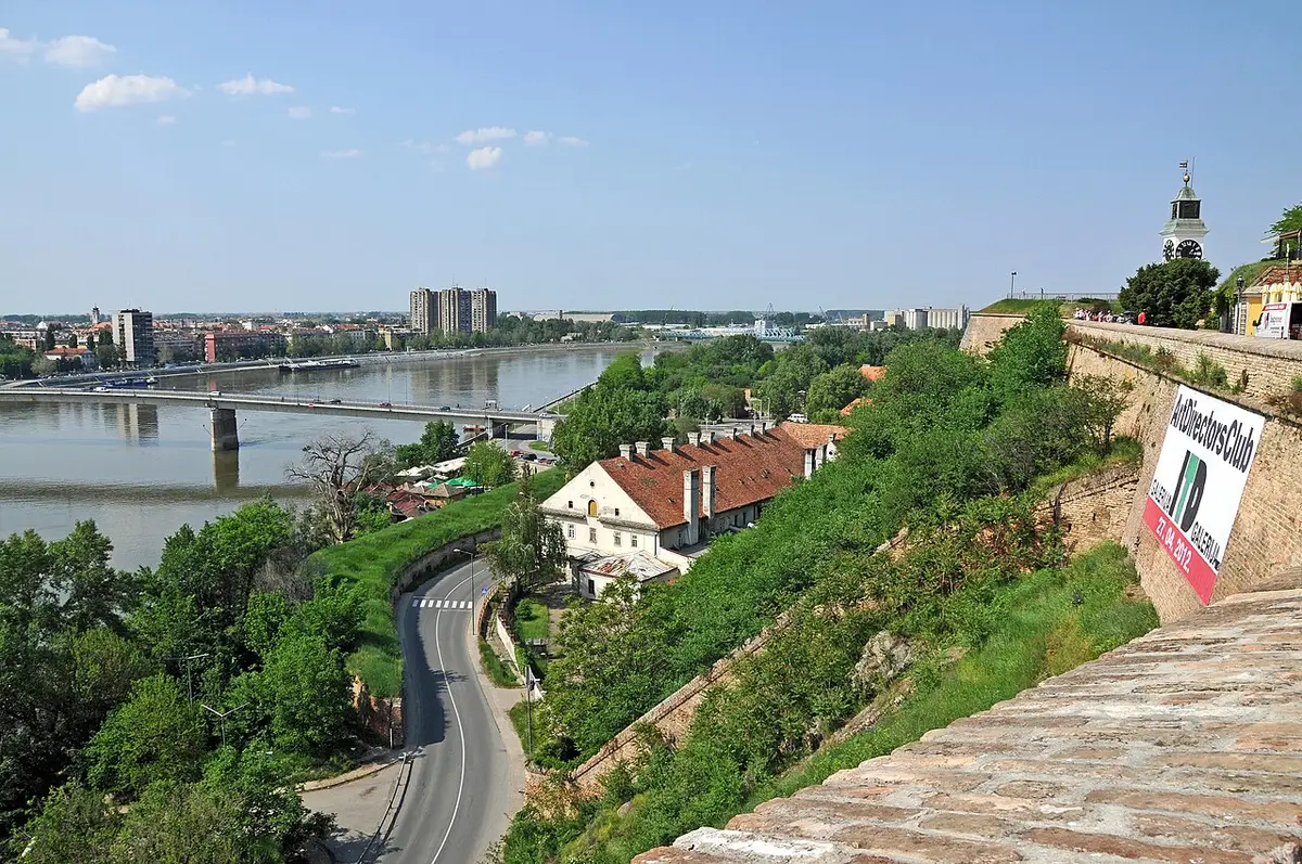 The view from Petrovaradin Fortress over the Danube toward Novi Sad, with the famous clock tower on the ramparts