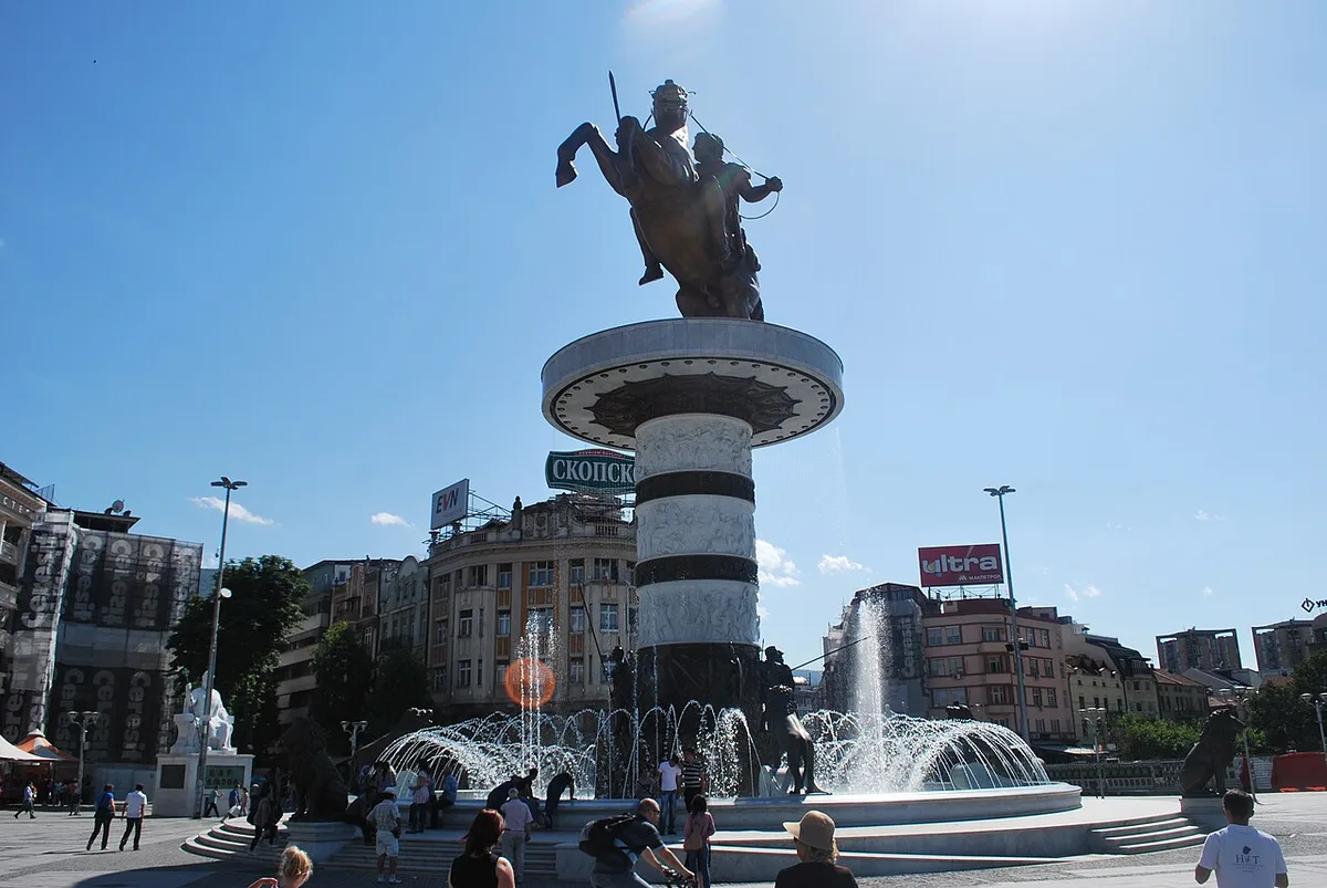 The Alexander the Great fountain and statue on Macedonia Square in central Skopje