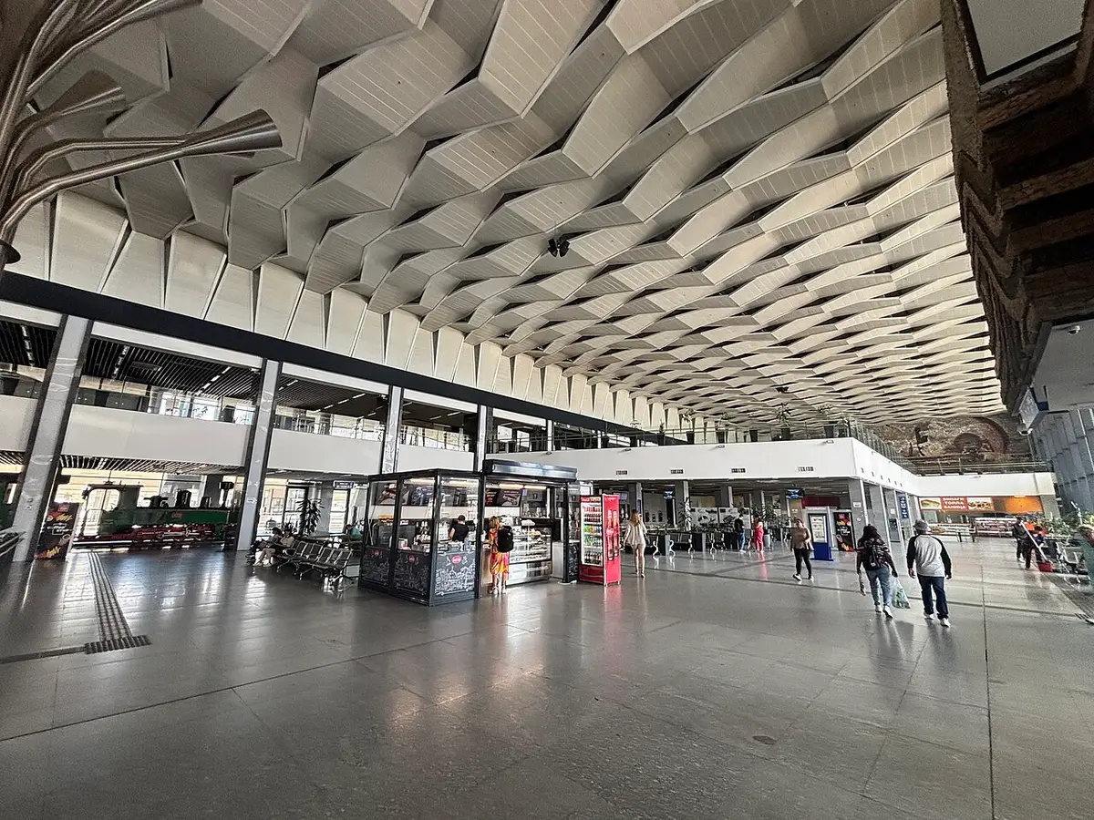 The modern concourse of Sofia Central Railway Station, currently the end of a broken line from Serbia