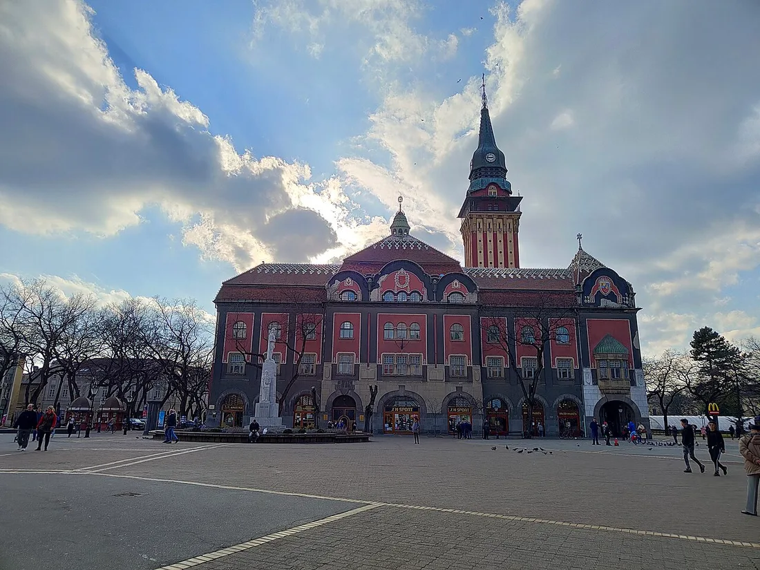 The towered City Hall of Subotica seen across the main square