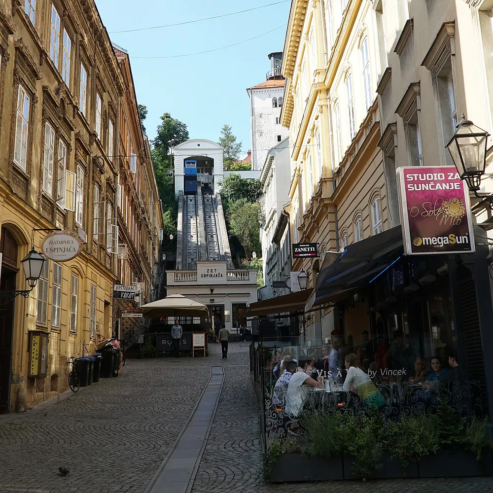 The bright blue carriage of Zagreb's old funicular linking the lower and upper towns