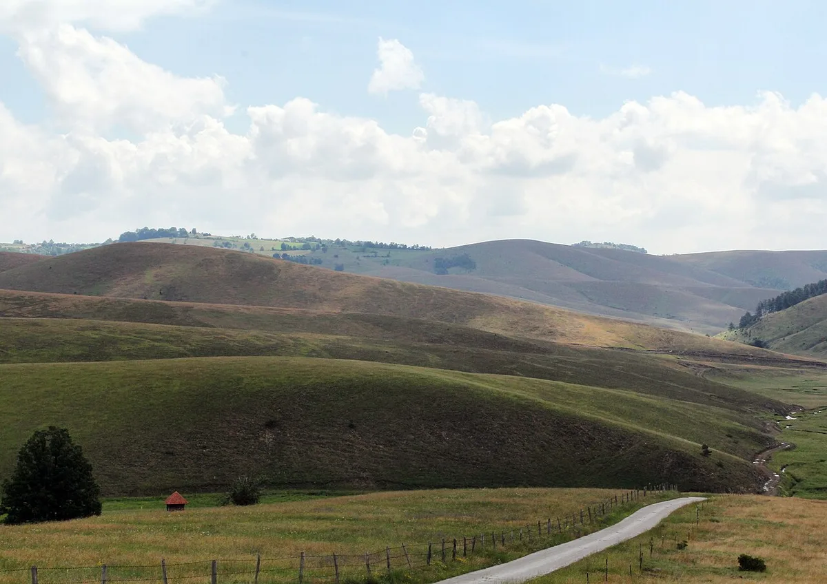 The rolling green plateau of Zlatibor in western Serbia, with a country road winding between grassy hills