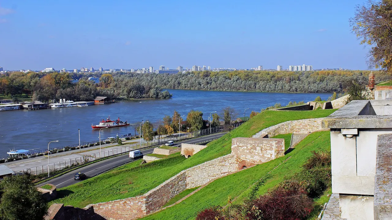 View from Kalemegdan Park across the Sava toward New Belgrade and the Usce towers on a clear day