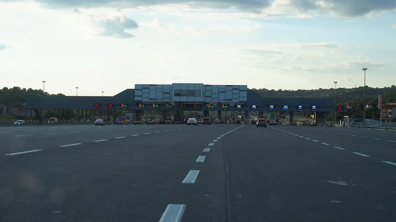 A motorway toll plaza (naplatna stanica) on the outskirts of Belgrade, Serbia
