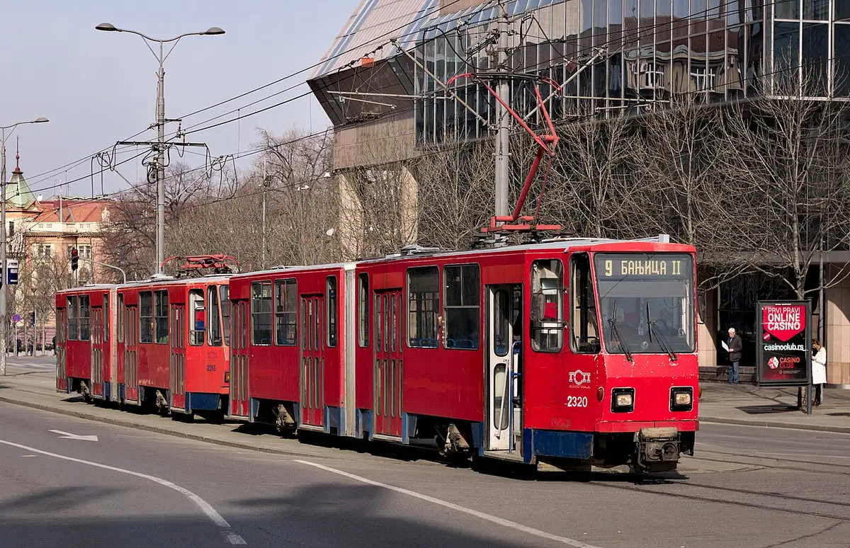 A Tatra tram on a Belgrade street, part of the city public transport network