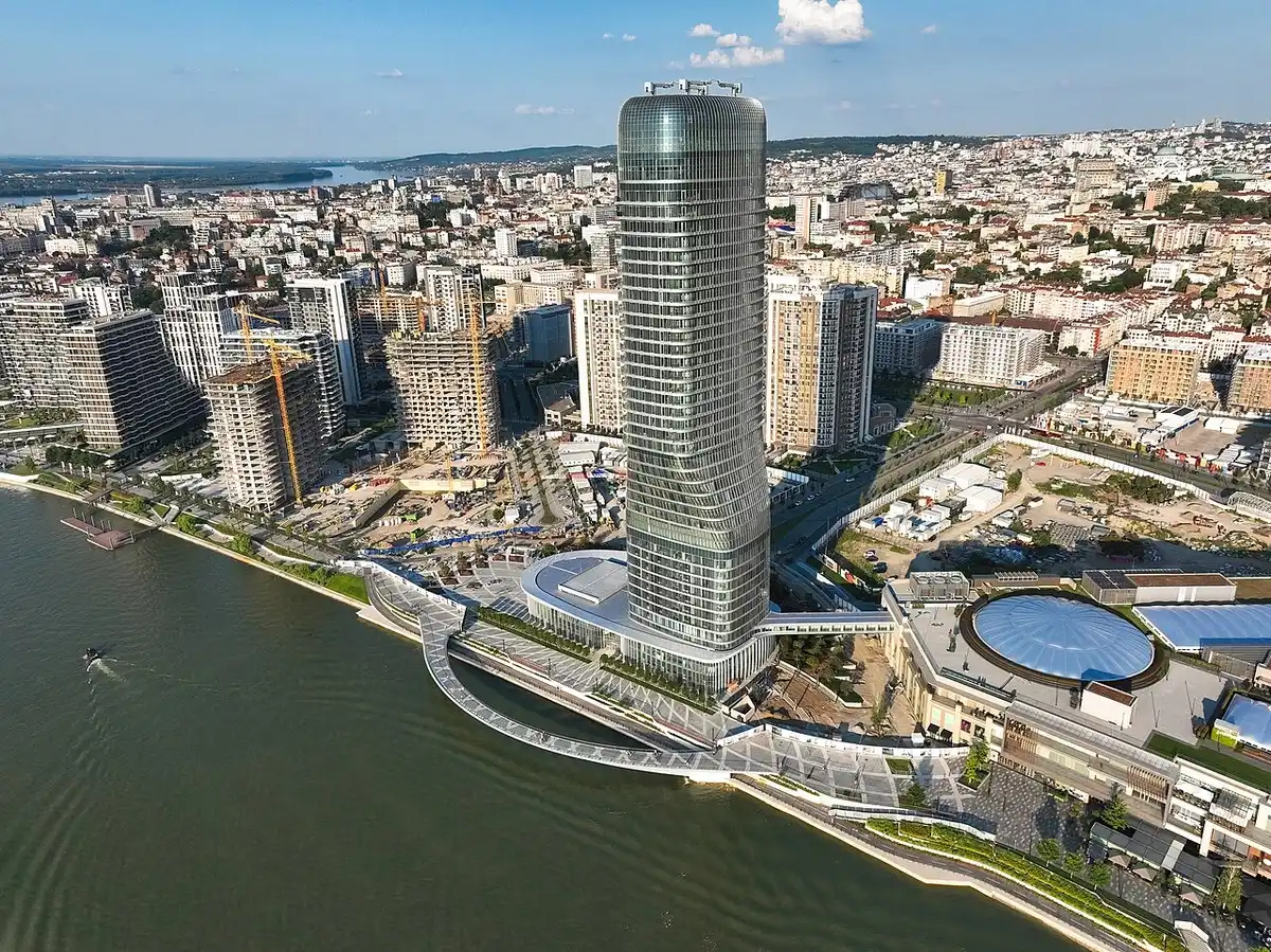 The modern towers of Belgrade Waterfront rising above the Sava river