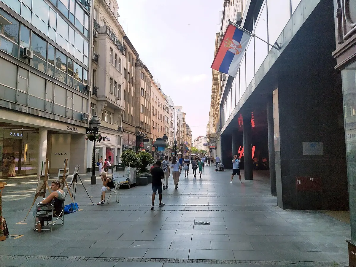 Cafés and shoppers along the Knez Mihailova pedestrian street in central Belgrade