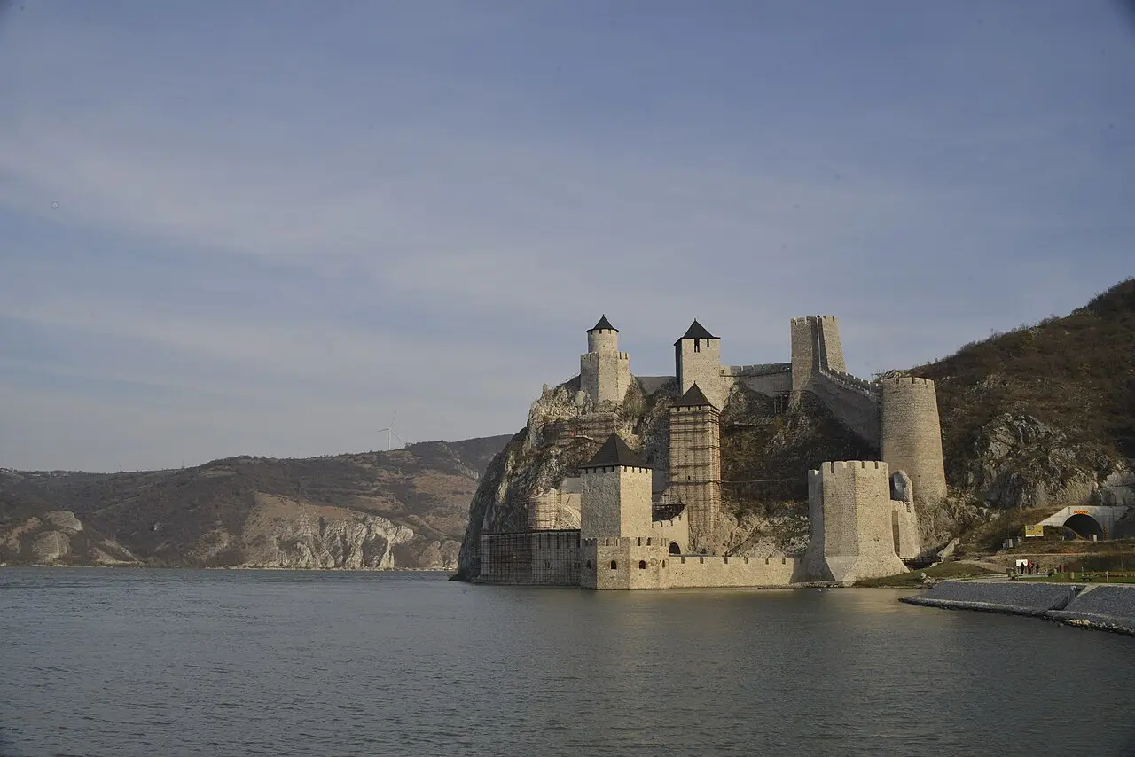 Golubac Fortress towers along the Danube bank at the mouth of the Iron Gate gorge
