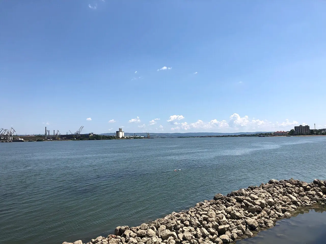 The wide Danube at Kladovo below the gorge, with the Romanian bank in the distance