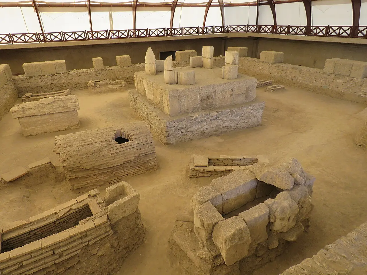 Roman tombs and the stepped imperial mausoleum under a protective roof at Viminacium