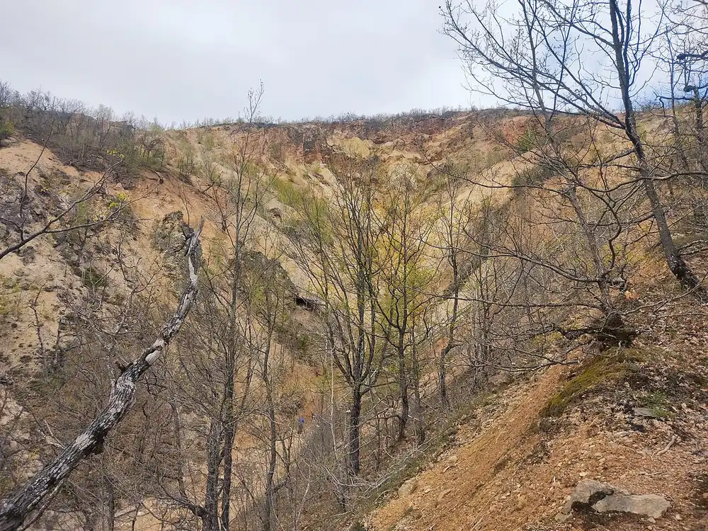 Close view of several earth pyramids at Devil's Town, each capped by a flat andesite block that shields the soft column beneath