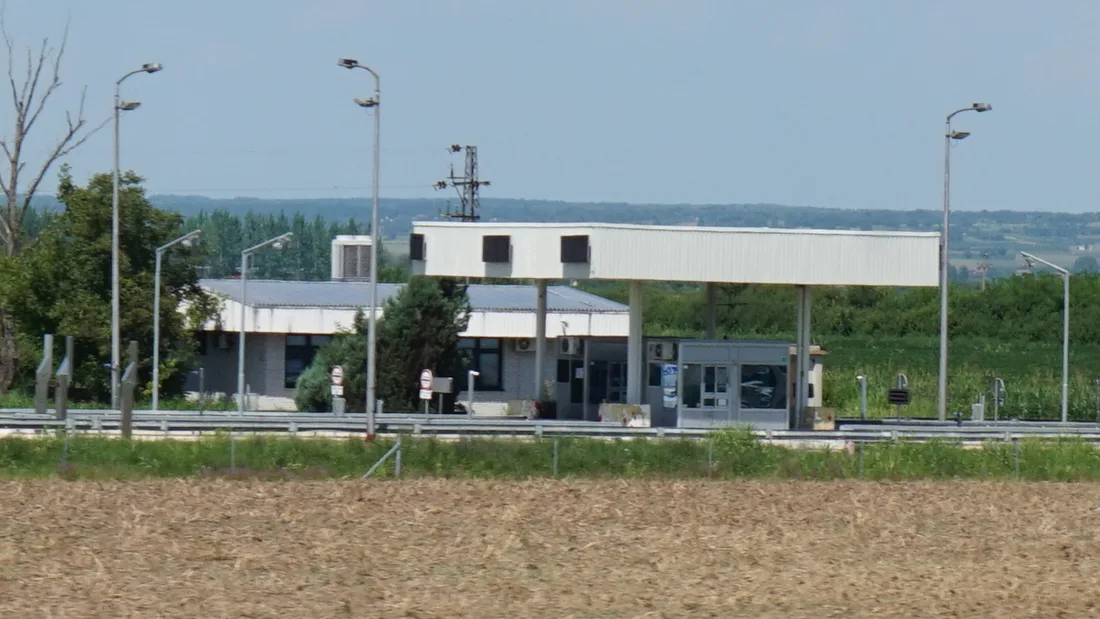 A small motorway toll plaza (naplatna stanica) at Morović in Serbia