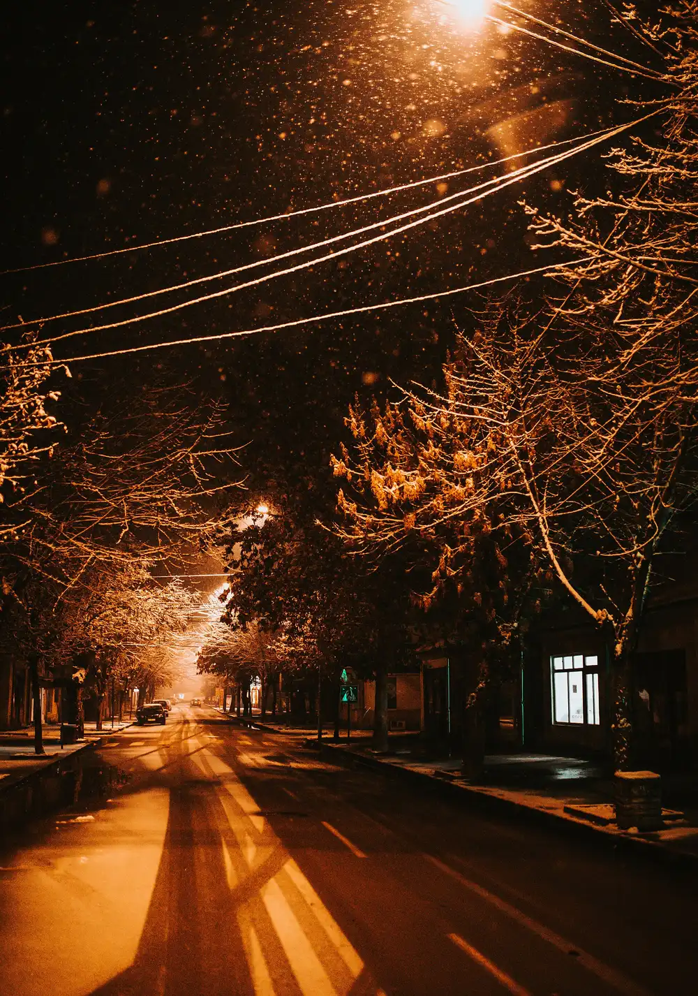 An empty Serbian road on a winter night with snow at the edges