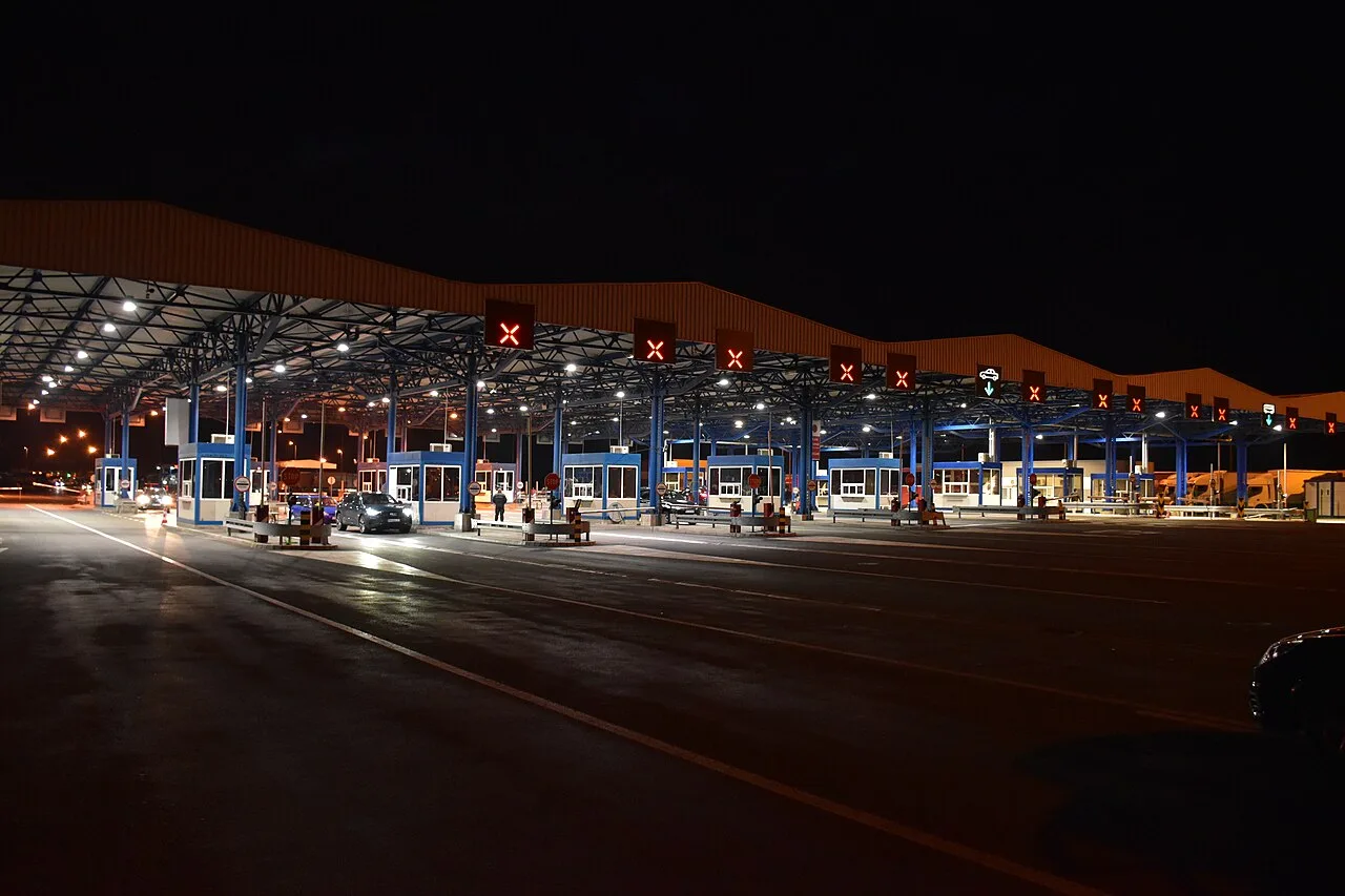 The Batrovci border crossing on the Serbia-Croatia motorway corridor at dusk
