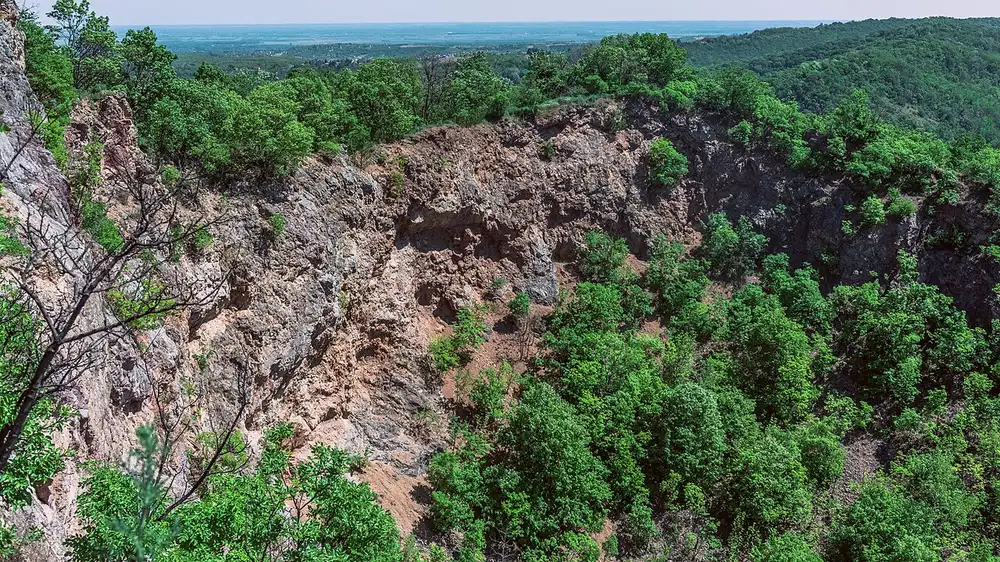 The forested ridges of Fruška Gora falling away to the flat Pannonian plain under a wide sky
