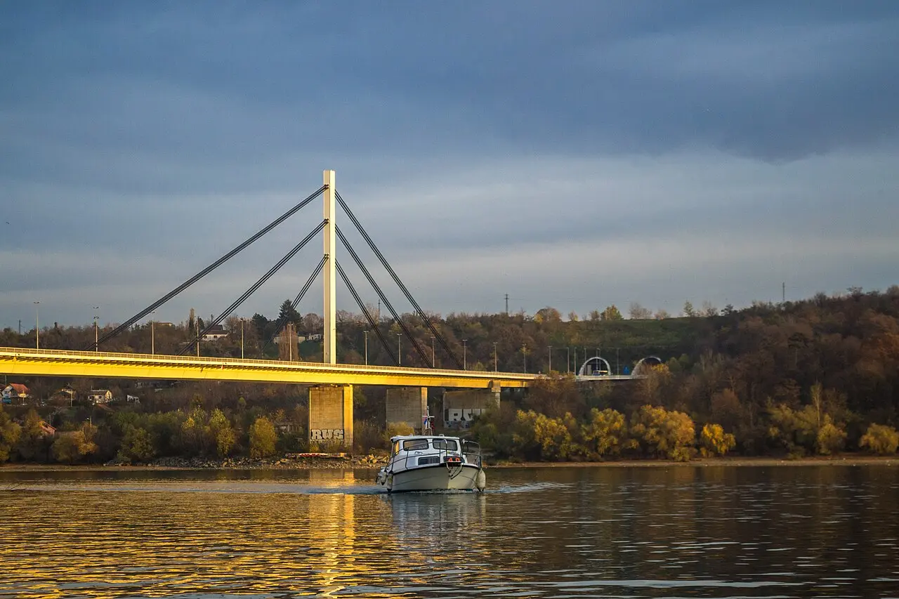 Most Slobode over the Danube at Novi Sad, Fruska Gora on the far bank