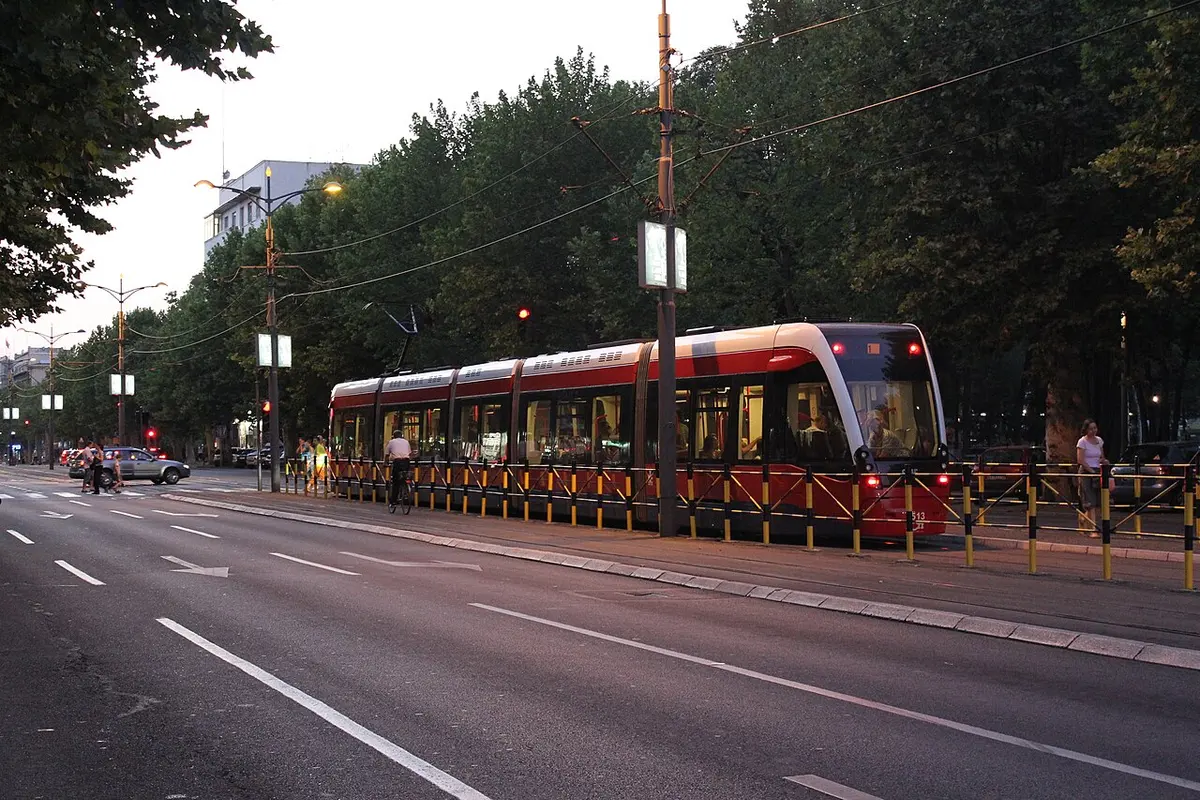 A modern CAF Urbos low-floor tram on Bulevar kralja Aleksandra in central Belgrade