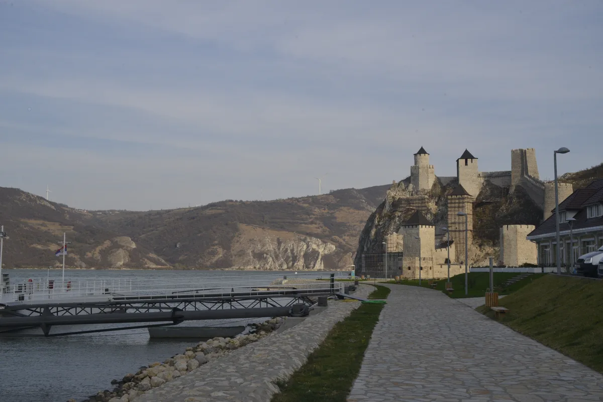 Golubac Fortress and its towers on the Danube at the entrance to the Iron Gate gorge in eastern Serbia