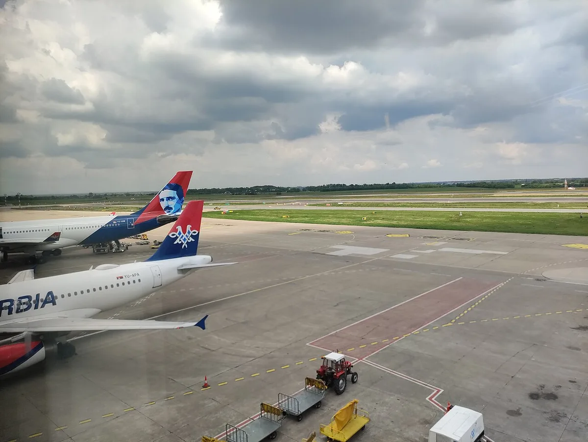 An Air Serbia aircraft on the apron at Belgrade Nikola Tesla Airport