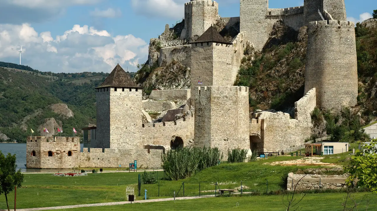 Golubac Fortress with its towers strung along the bank of the Danube at the entrance to the Iron Gate gorge