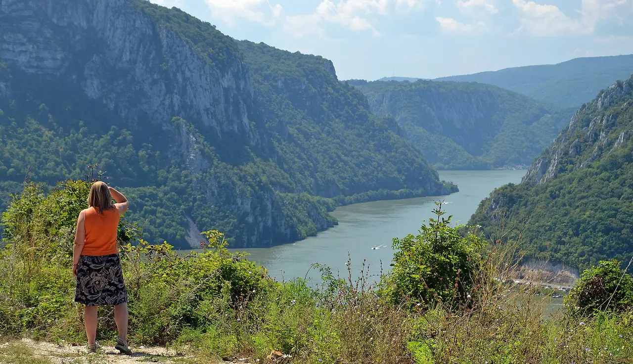View along the Danube in the Iron Gate gorge from water level, the kind of view you get from a boat cruise