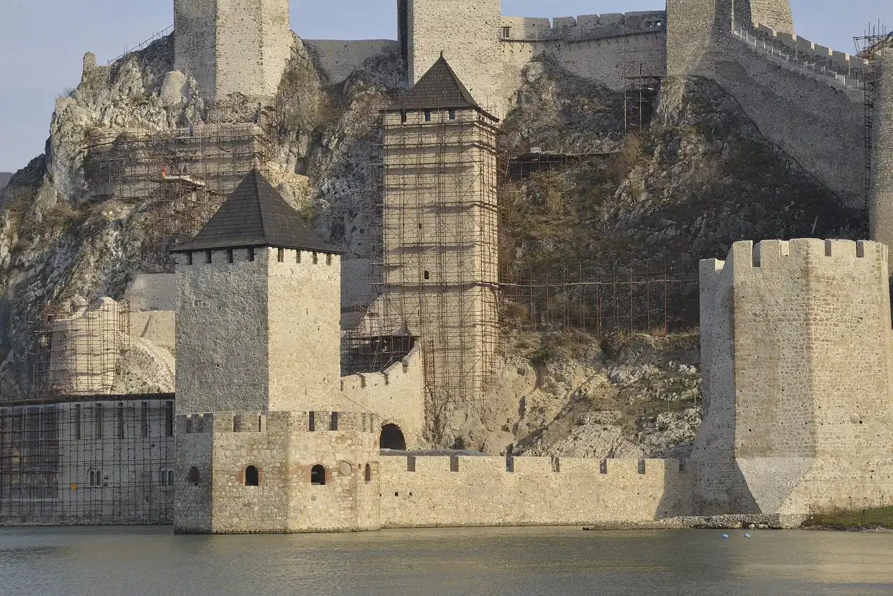 Close view of the restored stone towers and curtain walls of Golubac Fortress