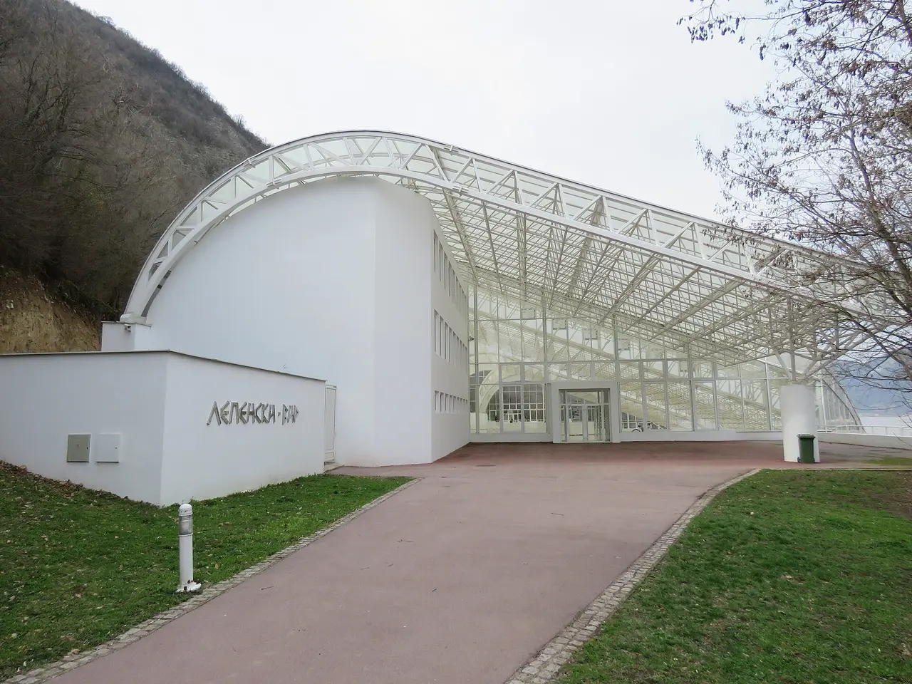 The glass museum hall built over the excavated trapezoidal dwellings of Lepenski Vir