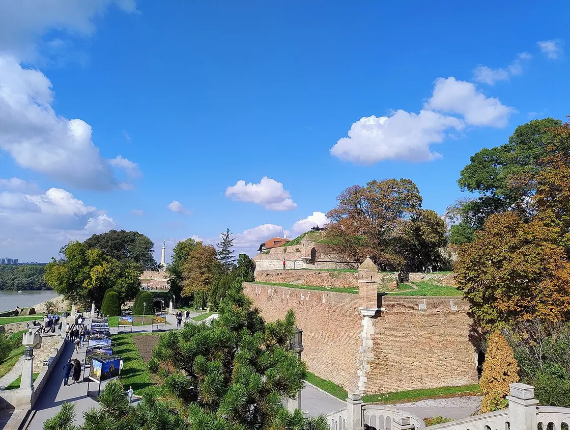 The green ramparts of Kalemegdan fortress above the meeting of the Sava and Danube in Belgrade