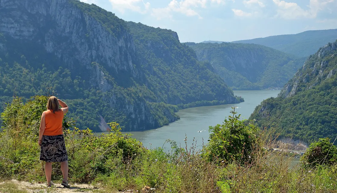 The Danube squeezing between steep cliffs in the Iron Gate (Đerdap) gorge