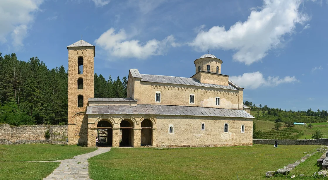 The stone church of Sopoćani Monastery in southern Serbia under a clear sky