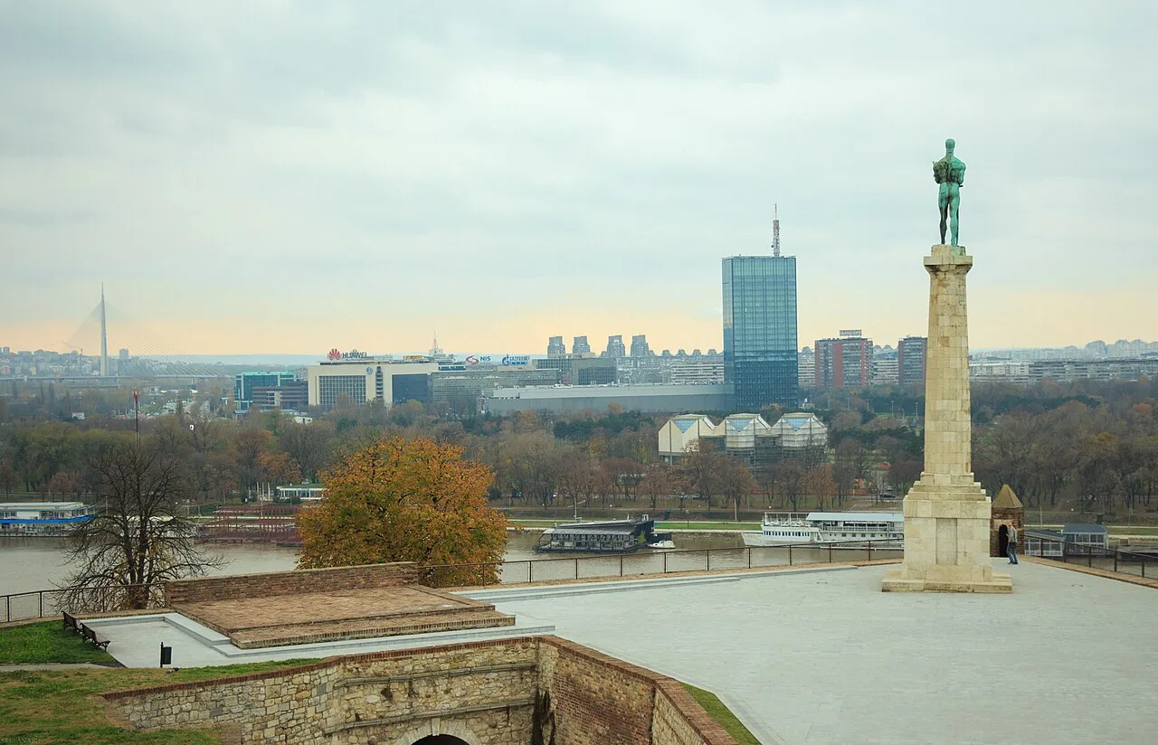 The Victor (Pobednik) monument on its tall column at Kalemegdan, looking out over the Sava river and the western shore