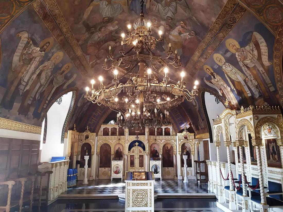 The interior of Ružica Church at Kalemegdan with chandeliers assembled from spent bullet casings and sabres