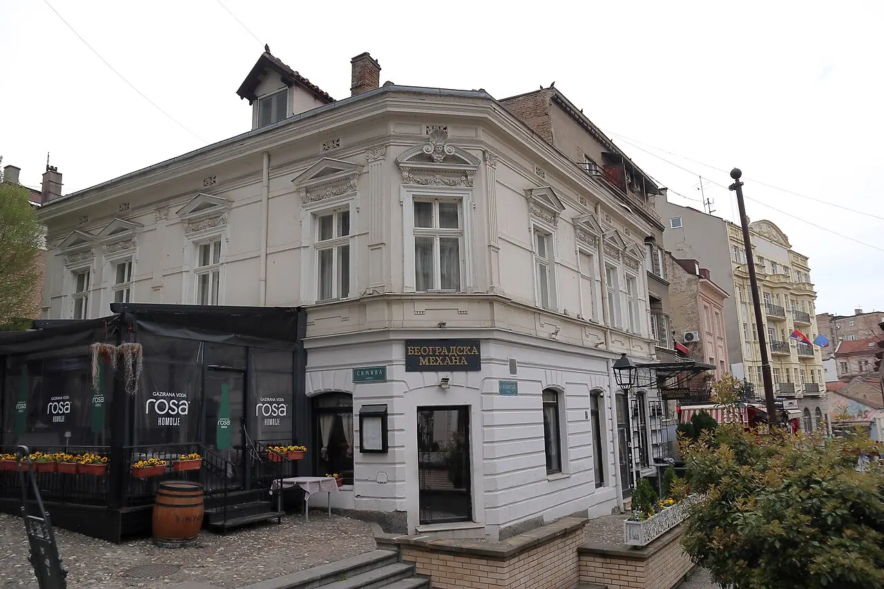 The cobbled bohemian street of Skadarlija in central Belgrade with cafés and lamps