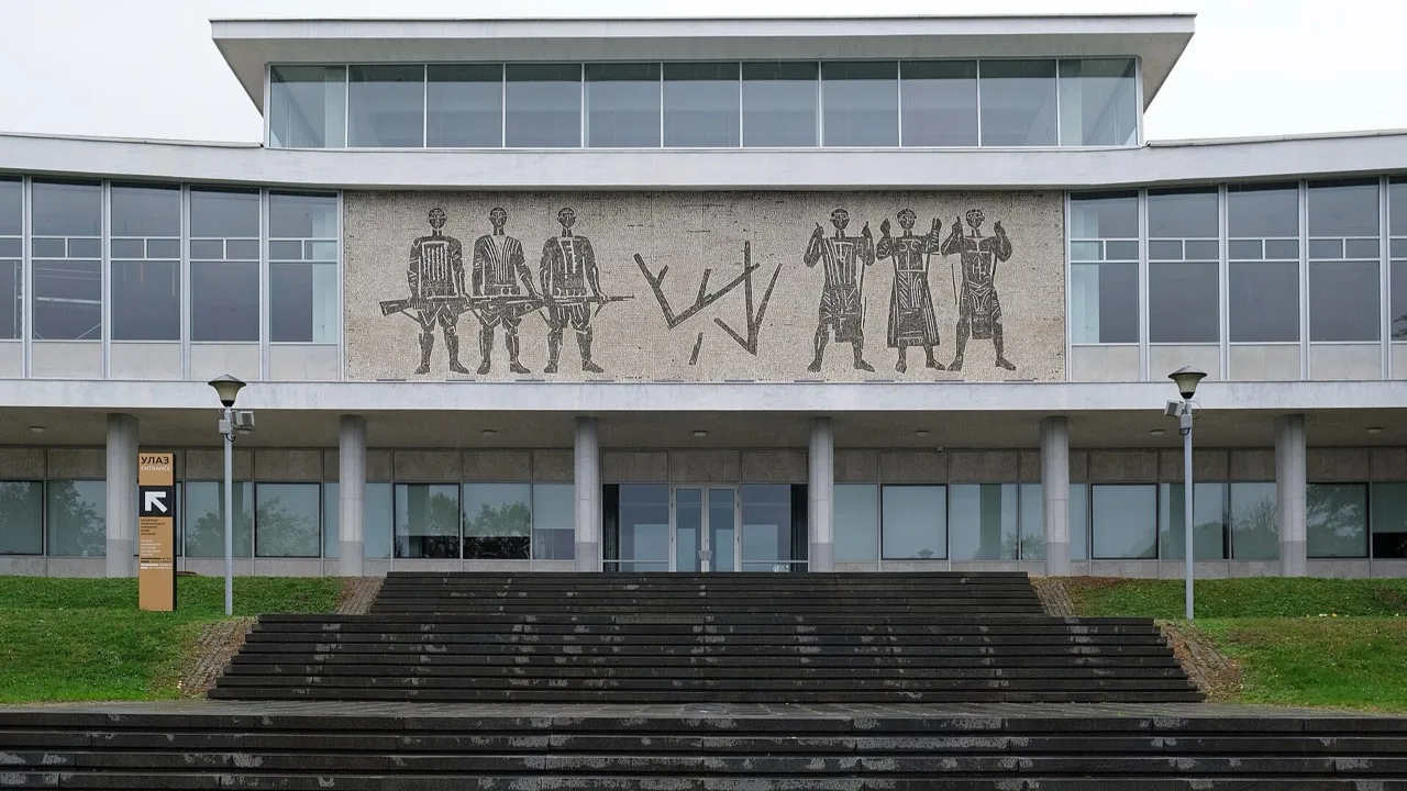 Exterior of the Museum of Yugoslavia complex set in parkland in Dedinje, Belgrade