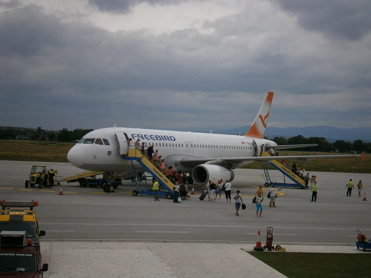 An aircraft on the apron at Niš Constantine the Great Airport, a growing Wizz Air and Ryanair base