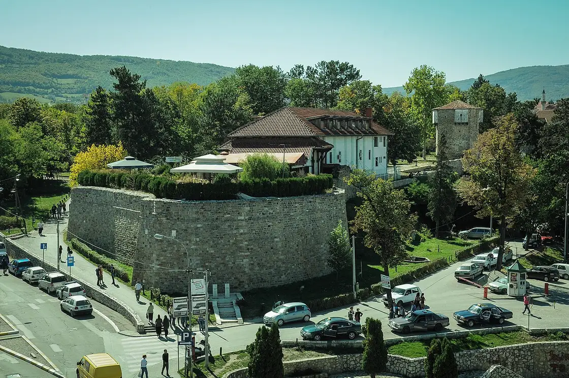 The stone ramparts of the old Novi Pazar fortress, now laid out as a town park