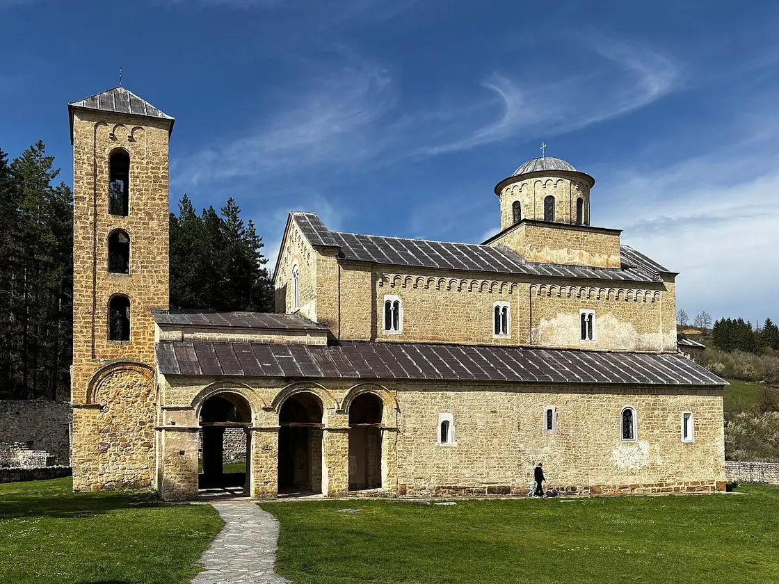 The plain stone church of Sopocani monastery seen from the south side