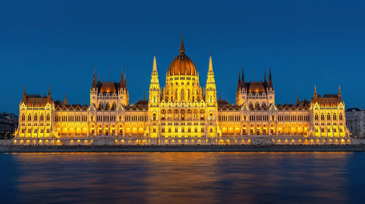 The Hungarian Parliament on the Danube in Budapest under a clear sky