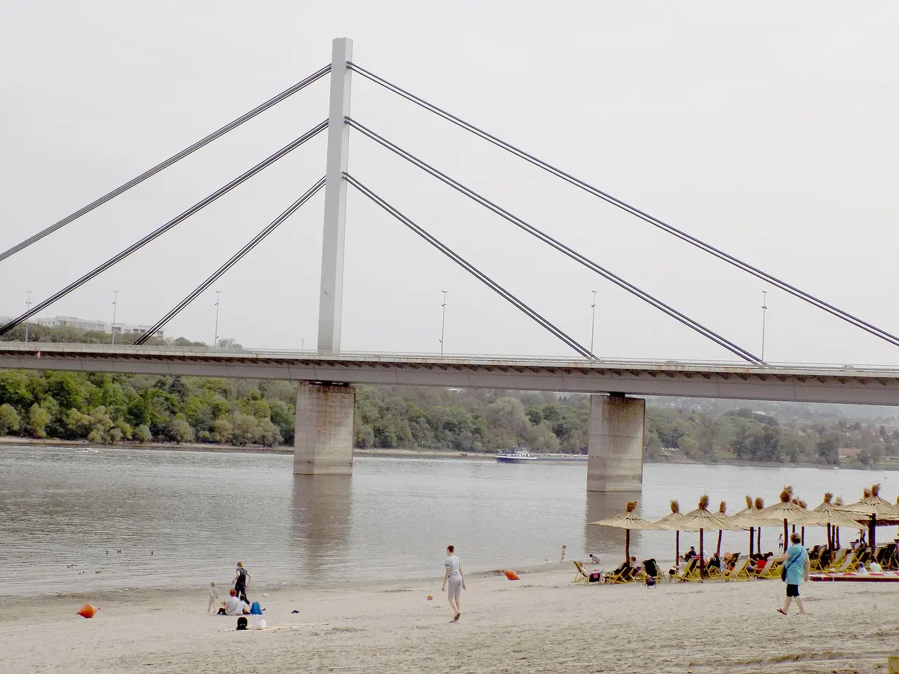 The sandy Štrand city beach on the Danube in Novi Sad with sunbathers and the far bank behind